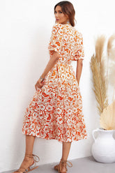 Floral Collared Neck Puff Sleeve Midi Dress